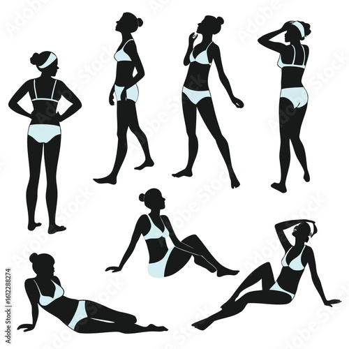 Seven black female silhouettes in light blue bikinis posing against a white background woman swimwear