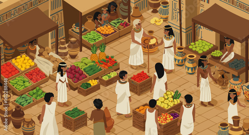 Vibrant Ancient Egyptian Marketplace Scene Filled With Diverse Produce And People Engaged In Commerce Under The Warm Desert Sun Illustrating Daily Life And Trade