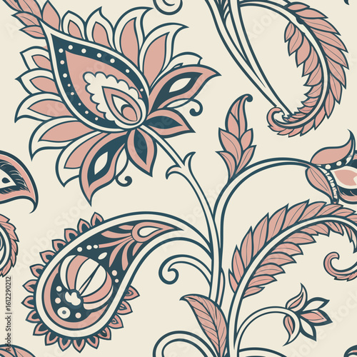 Floral paisley pattern in soft pink and navy blue on a light background, perfect for wallpaper or fabric design Generative AI
