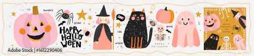 Happy Halloween. Vector cute kind adorable isolated illustrations of pumpkin, spider, witch, black cat, ghost, skeleton for greeting card and icons