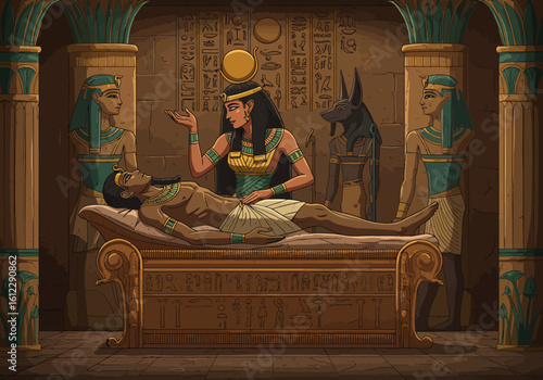 Ancient Egyptian Queen Isis Performs Ritual on Pharaoh During Sacred Mummification Ceremony Surrounded by Hieroglyphic Walls and Divine Statues of Anubis and Nymphs in a Grand Tomb
