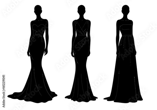 Elegant evening gown silhouettes showcasing various styles including mermaid fishtail and A-line cuts for formal occasions and red carpet events