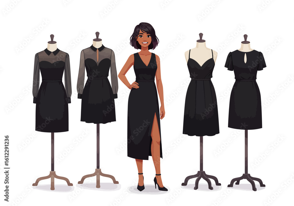 Obraz premium Elegant Black Dresses for Women Featuring Diverse Silhouettes and Stylish Details Showcasing Timeless Fashion and Sophistication in Apparel Design