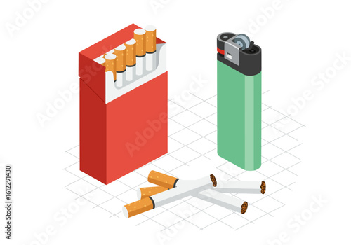 Isometric representation of a red pack of cigarettes a green lighter and three loose cigarettes on a white grid background symbolizing smoking and addiction