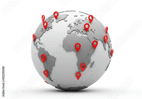 Global Network of Location Pointers Illustrating Worldwide Connectivity and International Business Expansion Opportunities on a Stylized Earth Globe Representation