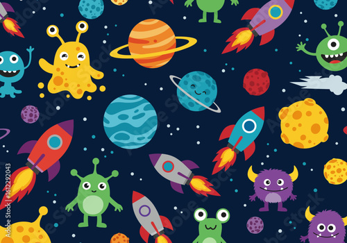 Whimsical Space Adventure Featuring Adorable Cartoon Aliens Planets and Rockets Launching into the Starry Cosmos for Childrens Designs