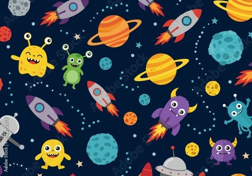 Whimsical Cosmic Adventure Featuring Friendly Cartoon Aliens Rockets Planets and Stars in a Vibrant Outer Space Galaxy Scene