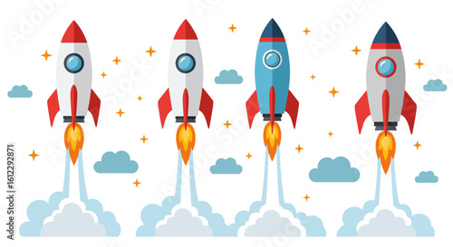 Four stylized rockets ascend into a starry sky leaving trails of smoke, symbolizing innovation, progress, and ambitious journeys towards new frontiers and growth.