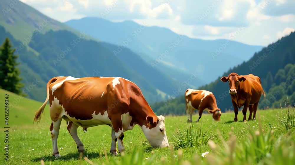 Three brown cows grazing on green pasture with mountains in background Three brown cows grazing on green pasture with mountains in background