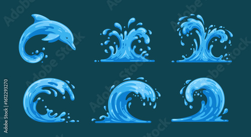 Collection of Ocean Wave Illustrations and a Playful Dolphin Illustration Featuring Dynamic Water Splashes and Surging Waves Perfect for Aquatic Themed Designs and Marine Life Graphics