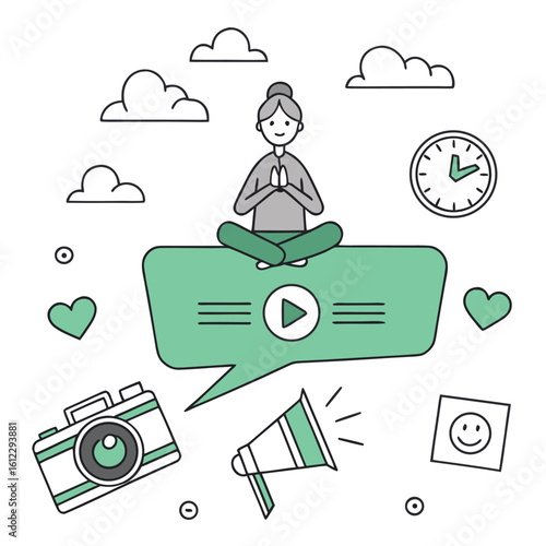 Person meditating on speech bubble with social media icons and clouds meditation yoga