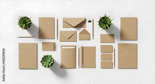 Eco-Friendly Stationery Flat Lay with Brown Kraft Paper Items and Succulent Plants on White Background