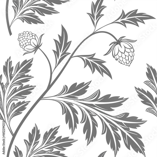Seamless pattern of stylized grey hops and fern-like leaves on white background plant floral