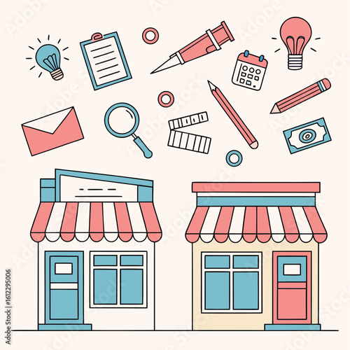Two cartoon shops with striped awnings surrounded by business and office supplies store stationery