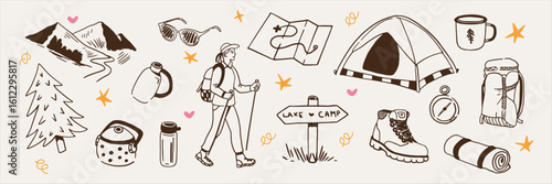 Mountain camping sticker vector. Hand drawn hiking and outdoor adventure doodle set with campfire, tent, backpack, map and trekking gear for T-shirt, sticker, print and travel design.