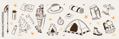 Mountain hike sticker vector. Hand drawn camping and outdoor adventure doodle set with backpack, tent, campfire, map and hiking gear for T-shirt, sticker, print and travel design.