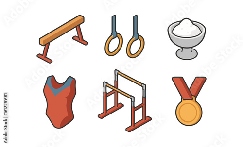 Isometric gymnastics equipment and symbols set with medal and rings