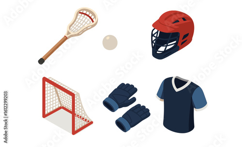 Isometric lacrosse equipment set: stick, helmet, gloves, net, jersey, and ball