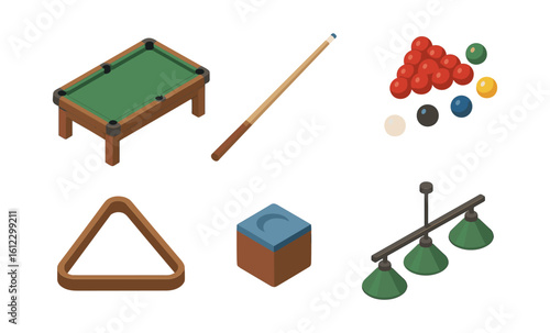 Isometric billiards set: pool table, cue, balls, and accessories in modern style