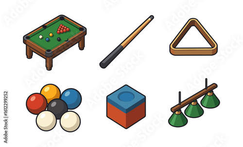 Isometric billiards elements collection with table and accessories