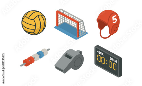 Isometric water polo equipment and accessories collection