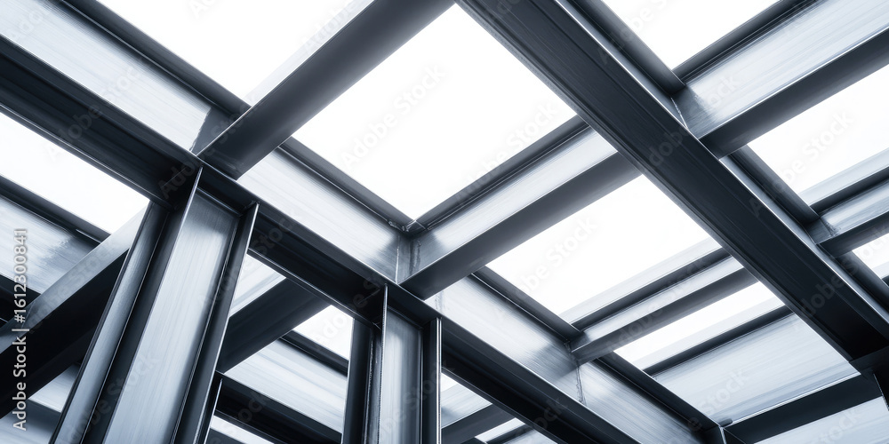 Naklejka premium Steel beams intersect with each other in a geometric pattern, creating an abstract architectural design. Modern architecture, geometry, industrial design
