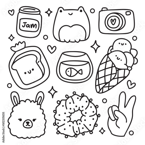 Cute Kawaii Hand Drawn Doodles Elements for Coloring Page