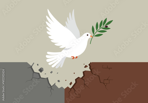 Hopeful white dove carrying olive branch flies over cracked earth symbolizing resilience and the promise of peace after hardship