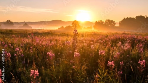 Sunrise Blooms: Misty Meadow at Dawn