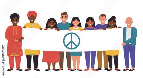 Diverse group of people holding a banner with a peace symbol promoting global harmony unity and understanding among different cultures and ethnicities worldwide
