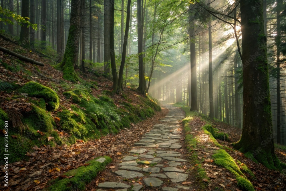 Obraz premium Sunbeams pierce through a misty forest illuminating a stone path