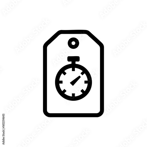 Vector icon of a delivery time estimate tag featuring a stopwatch to indicate shipping speed or expected arrival.

