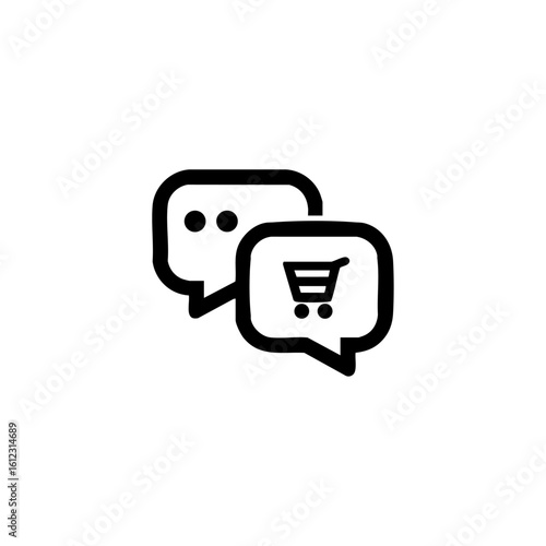 Black vector icon of two chat bubbles, one with a shopping cart, symbolizing online customer service, e-commerce chat, or purchase discussions.

