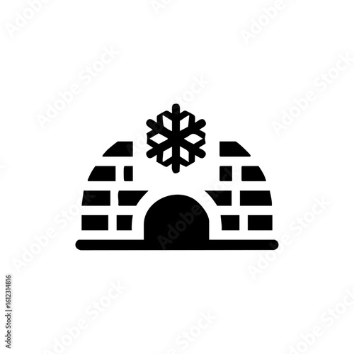 Black vector icon of an igloo with a snowflake above, symbolizing cold climate, winter shelter, or Arctic living.

