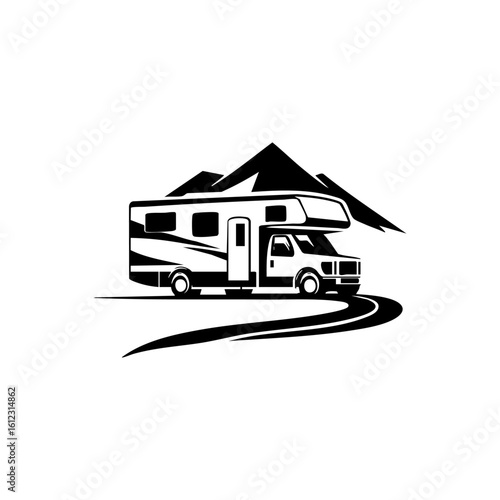 Stylized vector icon of a camper van with road trail and mountains, symbolizing freedom travel, RV lifestyle, or nature adventure vacations.
