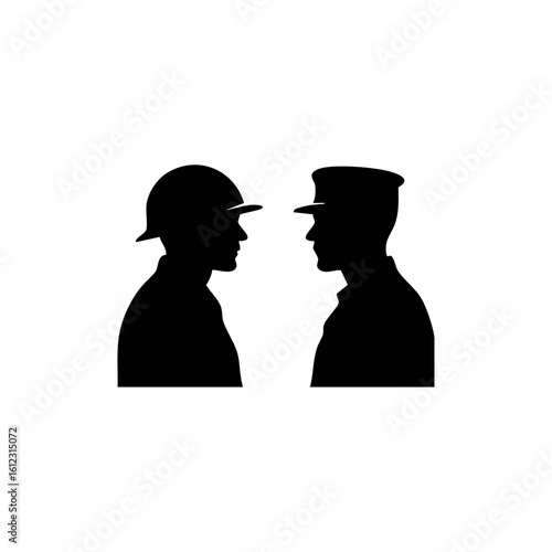 Silhouette of a soldier and a civilian facing each other, symbolizing dialogue between military and civil sectors.
