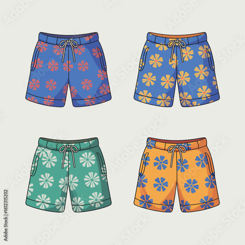 Four pairs of colorful patterned swim shorts displayed on a light background