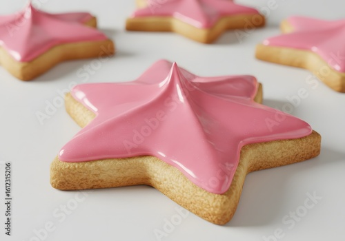Pink Iced Star Cookies Festive Treats, Delicious Baked Goods, Holiday Sweets, Close-up Food Photography.