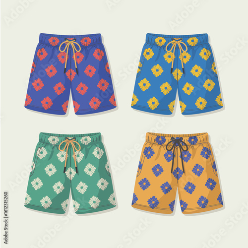 Four pairs of colorful patterned swim trunks laid out flat