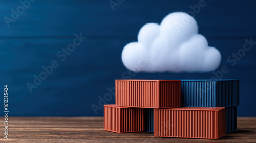 A white cloud icon floats above stacked shipping containers symbolizing cloud computing and data storage in logistics or supply chain management.