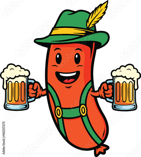Oktoberfest Sausage Cartoon with Beer Mugs – Cute German Bratwurst Mascot Illustration for Festival, Party, and Beer Lovers

