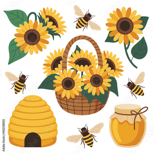Charming collection of sunflowers bees beehive and honey jar