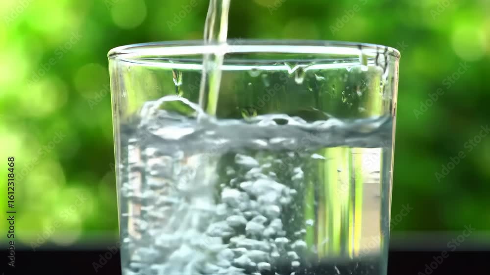 Refreshing Water Pouring into Glass with Bubbles and Green Bokeh Background Refreshing Water Pouring into Glass with Bubbles and Green Bokeh Background