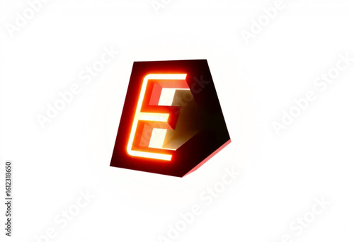 Letra "E" vermelho neon e preto sobre fundo branco.