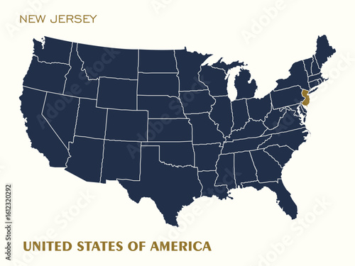 United States map Vector with New Jersey highlighted in gold
