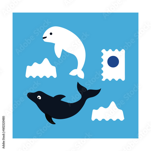 Seal Narwhal and Iceberg Arctic Wildlife Stamps