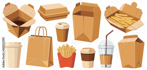 Collection of takeaway food packaging and drinks on white background