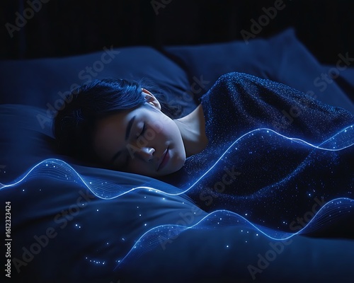 Woman Sleeping with Night, and Sound Waves.