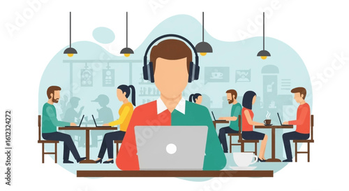 Remote worker in a cafe, using laptop and headphones. Ideal for articles about remote work, co-working spaces, or freelance lifestyles.