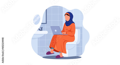 Woman in hijab working on laptop in bathroom - Illustration for articles about work-life balance, remote work, or multitasking.